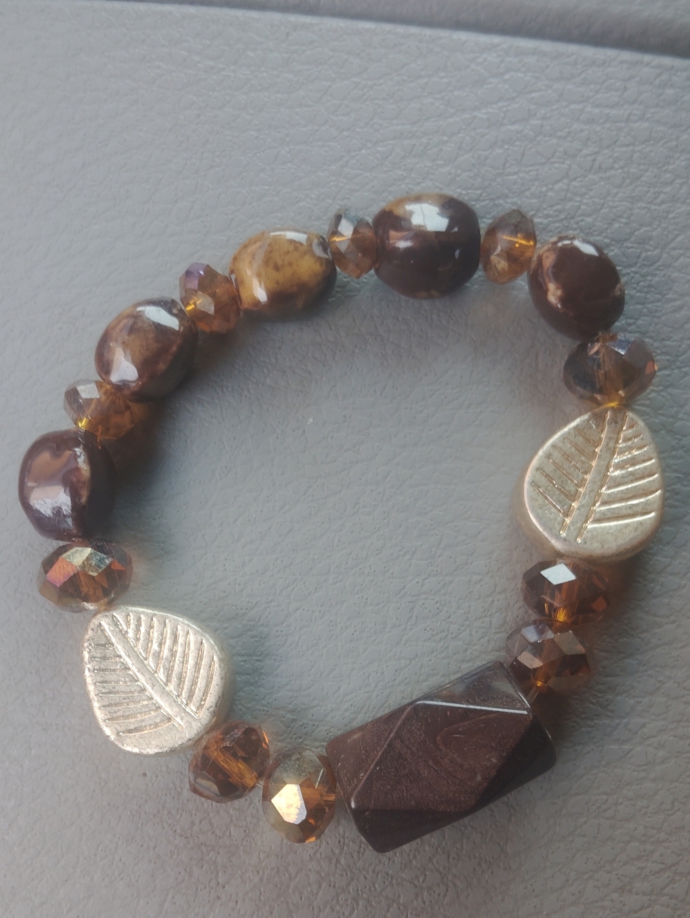 Gold Leaf Brown Beaded Stretch Bracelet